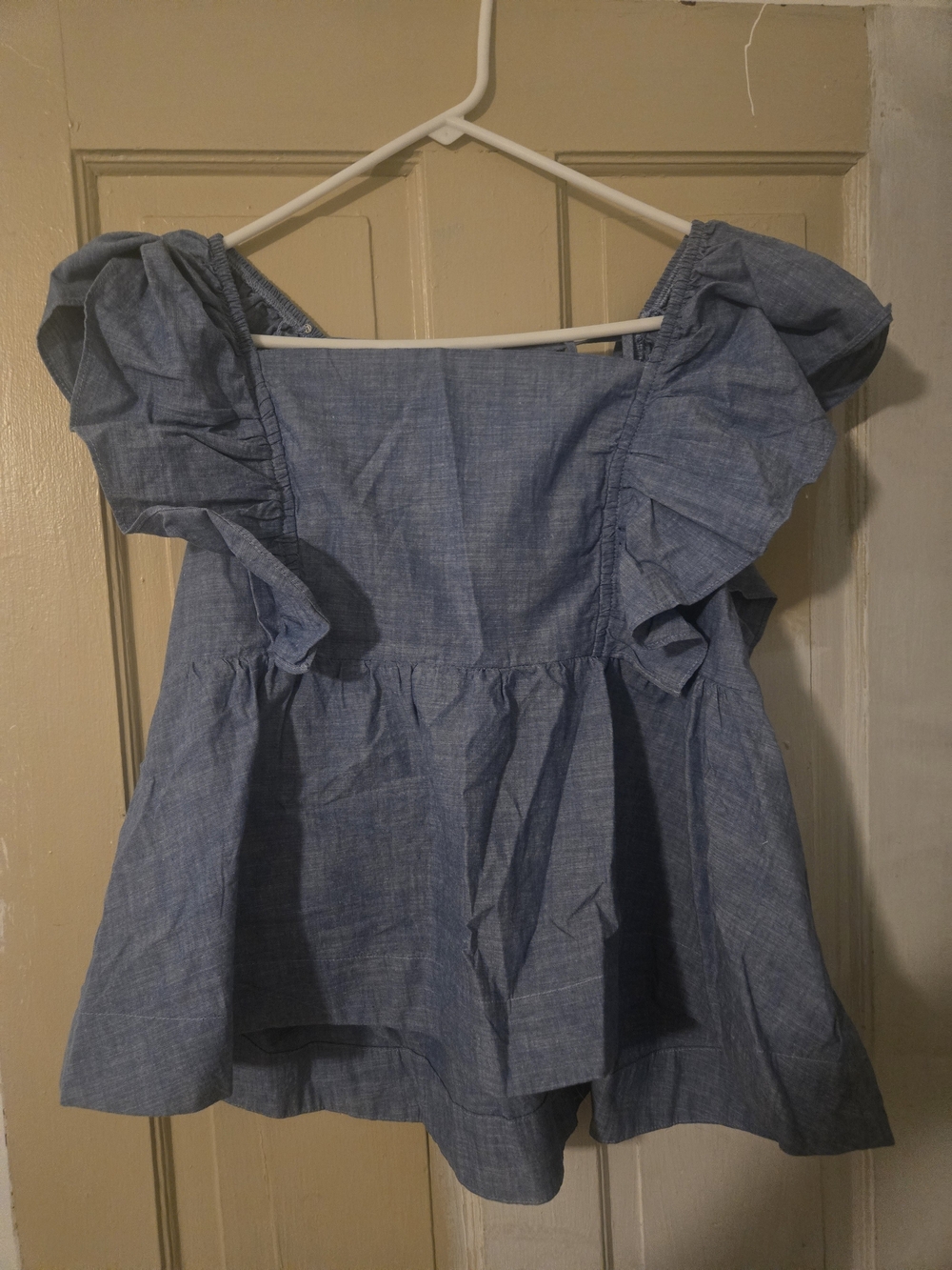 Blue Chambray Ruffle Sleeve Top